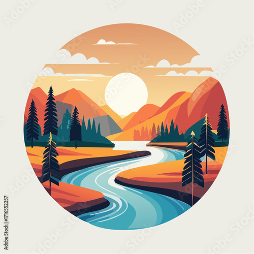 Vibrant nature illustration depicting a serene river flowing through a forested valley with majestic mountains and a glowing sunset, framed in a circle, evoking peace and natural beauty