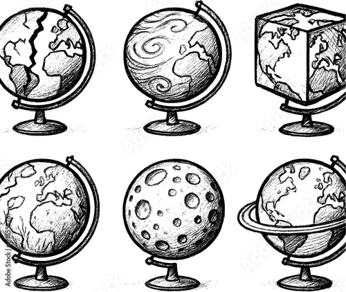 Globes alternate planet vector icons pencil sketch white background black lines unique variations