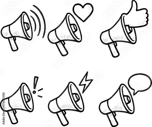 Megaphone vector icons hand drawn pencil style communication symbols set