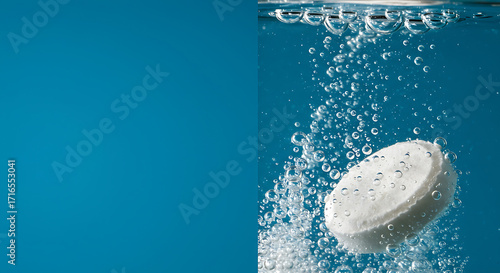 Effervescent Tablet Dissolving in Teal Water: Clean, Refreshing, and Bubbly Stock Photo