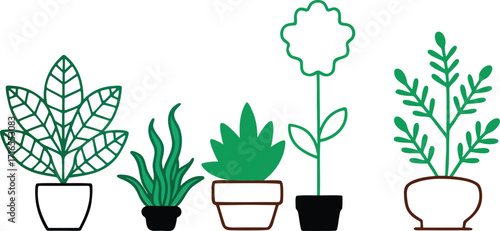 Set of Various Green Potted Plants and Flowers Vector Illustration