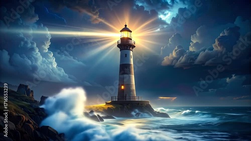Lighthouse Guiding Light in Stormy Seas.
