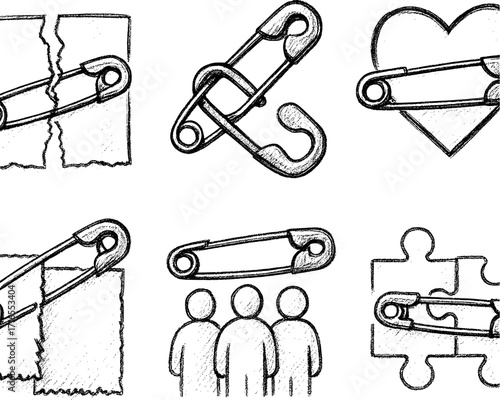 Safety pins concept sketch vector icons unity and connection illustration