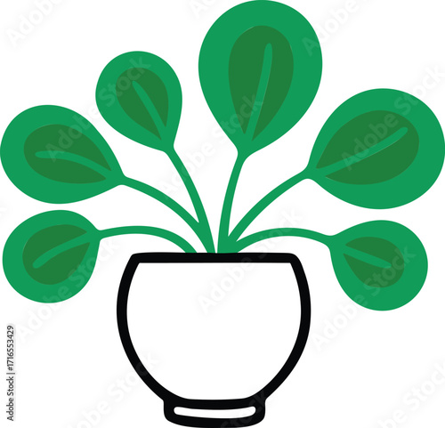 Green Potted Plant with Large Oval Leaves and Simple Outline Design