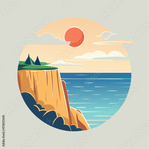 Serene coastal landscape illustration with a towering cliff, calm sea, and a warm sun, framed in a circle