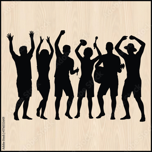black silhouette of a lively beach party on a pure wooden background