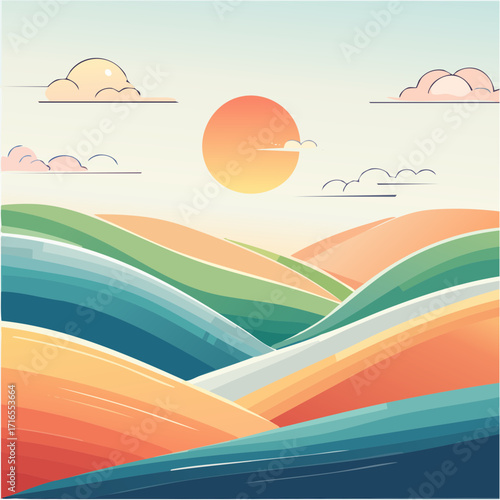 A stylized, minimalist landscape illustration depicting rolling hills bathed in the warm glow of a rising or setting sun under a pale sky with soft clouds