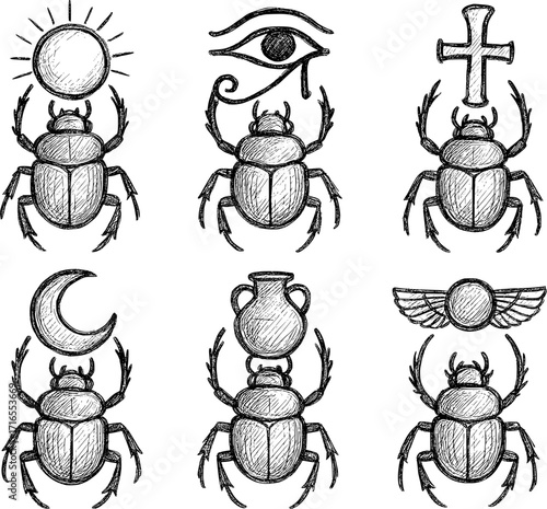 Scarab beetle vector icons carrying symbolic cargo spiritual design collection