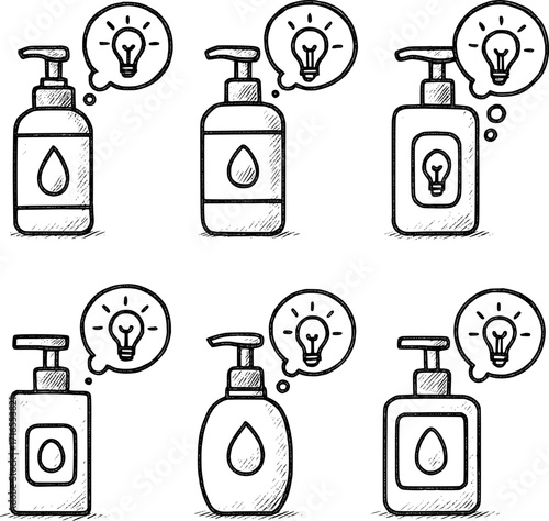 Soap dispensers with knowledge bubbles raw pencil vector icons black line drawing