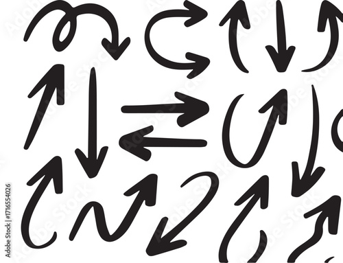 Hand-drawn arrows collection including up down left right curved and circular arrows perfect for web design presentations and user interfaces