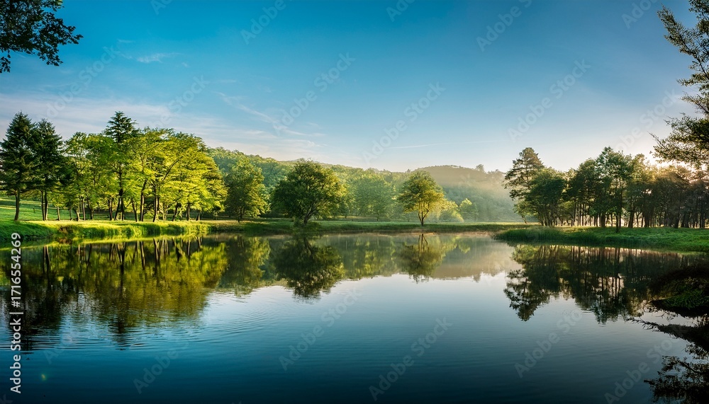 Obraz premium Water S Surface Reflected With Trees Peaceful Surrounding Serene Landscape Still Life