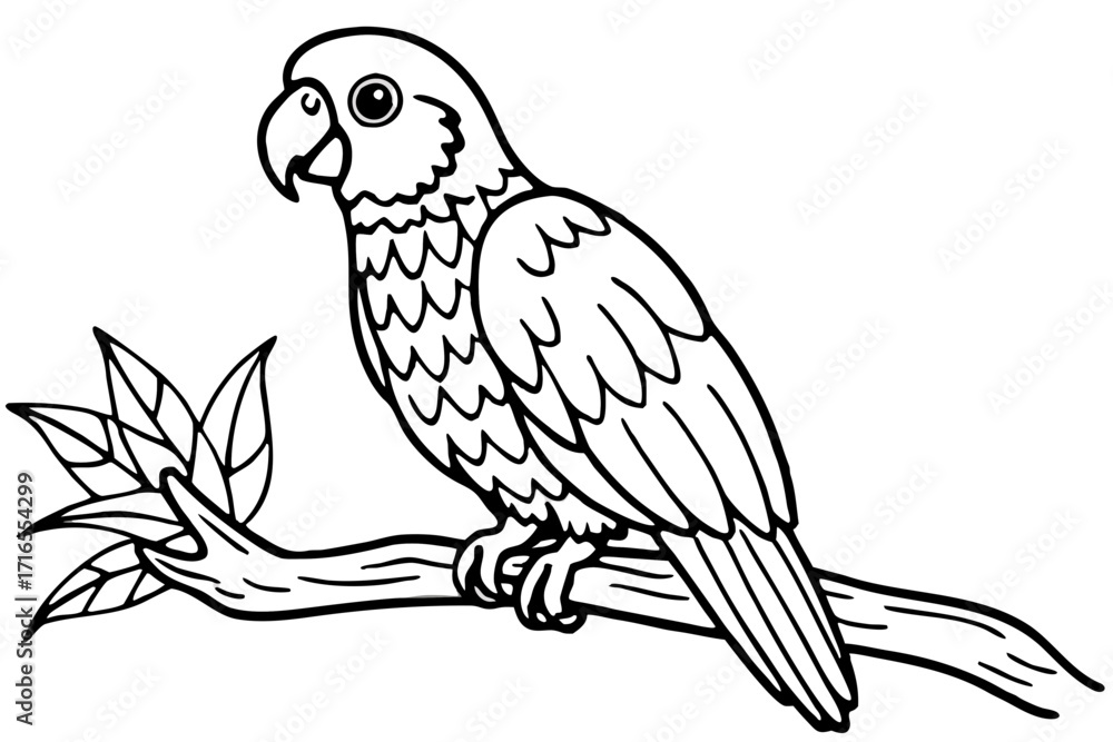 Fototapeta premium Parrot on Branch Outline Illustration for Coloring Books and Educational Materials