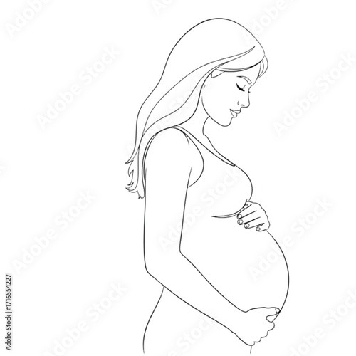 Pregnant Woman Line Art Profile on White Background Keywords: pregnant woman, pregnancy