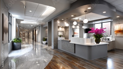 Modern interior corridor with reception desk