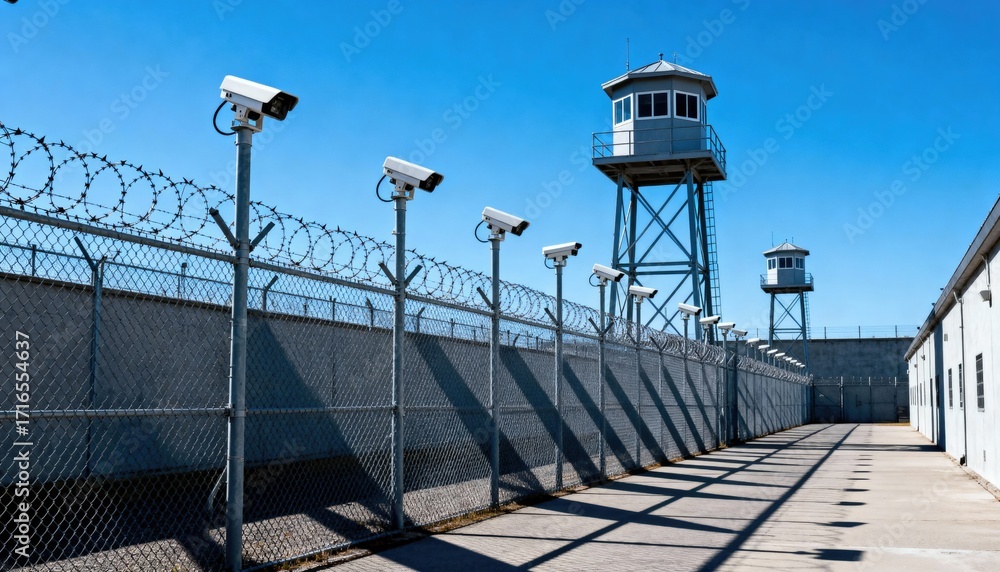 Obraz premium A secure prison facility with high fences, surveillance cameras, and guard towers under a clear blue sky. The environment is stark and industrial.