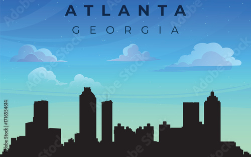The image shows the skyline of Atlanta, Georgia, against a blue sky with a few clouds. The skyline includes various high-rise buildings that create the city's panorama.