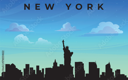 The image shows the skyline of New York City against a blue sky with a few clouds. The skyline includes the Statue of Liberty and various buildings that make up the cityscape.