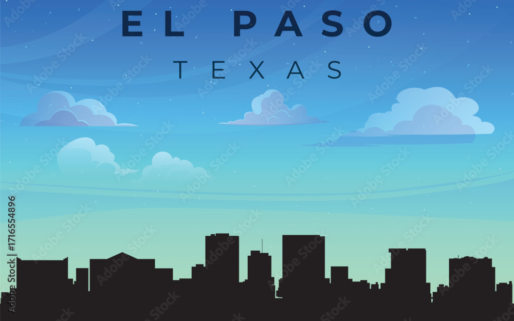 Naklejka premium A stylized silhouette of the city of El Paso with the inscription “EL PASO TEXAS” at the top. Against the backdrop of a blue sky with fluffy white clouds, the outline of skyscrapers is depicted.