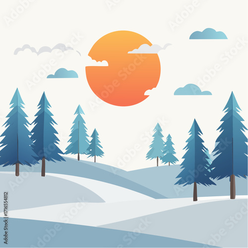 Winter Landscape with Pine Trees and a Sun, Creating a Peaceful and Serene Scene
