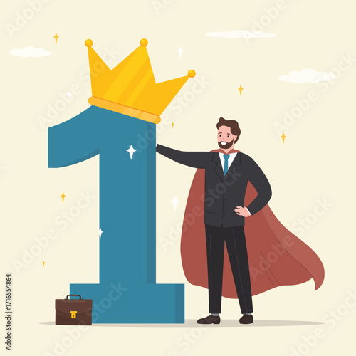 Confident businessman superhero stand with first place award with crown. Winner achievement, success or business victory, award winning celebration