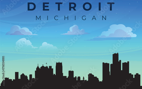 A stylized silhouette of the city of Detroit with the inscription “DETROIT MICHIGAN” at the top. Against the backdrop of a blue sky with fluffy white clouds, the outline of skyscrapers is depicted.