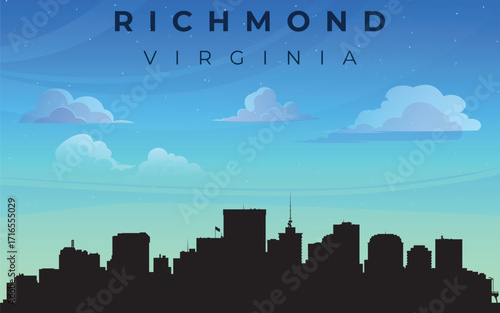 Stylized silhouette of the city of Richmond with the inscription “RICHMOND VIRGINIA” at the top. Against the backdrop of a blue sky with fluffy white clouds.