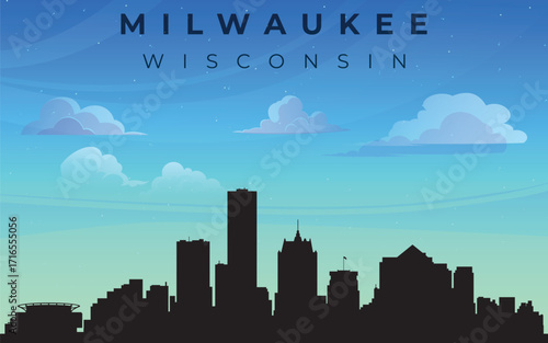 Stylized silhouette of the city of Milwaukee with the inscription “MILWAUKEE WISCONSIN” at the top. Against the backdrop of a blue sky with fluffy white clouds. 