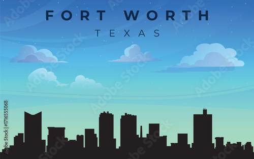 A stylized silhouette of the city of Fort Worth with the inscription “FORT WORTH TEXAS” at the top. Against the backdrop of a blue sky with fluffy white clouds, the outline of skyscrapers forming the 