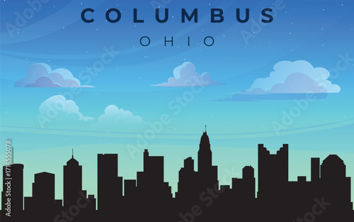 A stylized silhouette of the city of Columbus with the inscription “COLUMBUS OHIO” at the top. Against the backdrop of a blue sky with fluffy white clouds, the outline of skyscrapers forming the city 