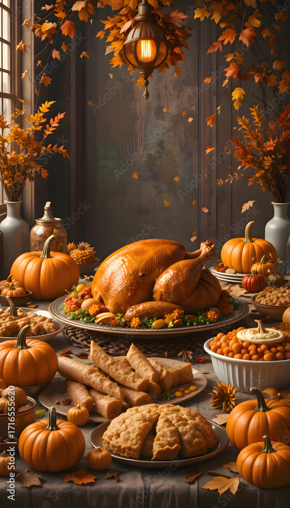 Obraz premium Turkey on a platter surrounded by pumpkins, pies, and other festive foods arranged on a table for thanksgiving celebrations, creating a warm and cozy holiday atmosphere