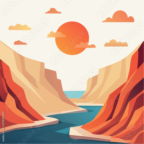 Flat design vector illustration of a scenic canyon landscape with a river flowing through rock formations under a warm sun