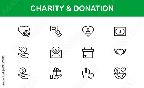 Charity and Donation Icon Set Featuring Fundraising, Giving, Helping Hands, and Support Symbols in Vector Style