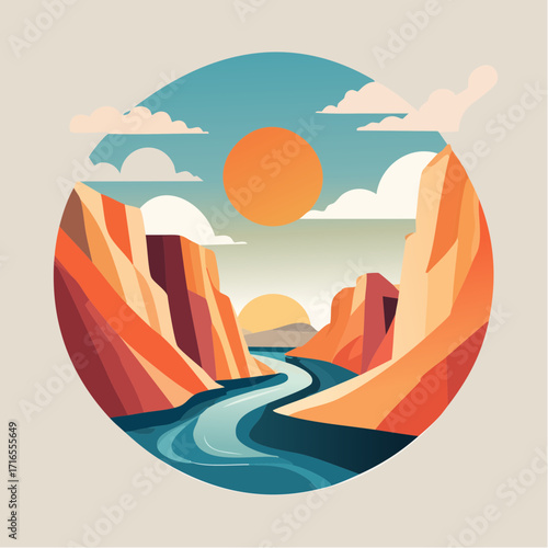 Scenic canyon landscape with a river flowing through it, featuring sun, clouds, and vibrant colors