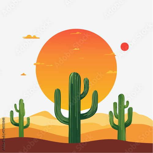 Desert Sunset A Vibrant Vector Illustration of Cacti and Landscape Scenery Under a Burning Sky