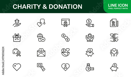 Charity and Donation Icon Set Featuring Fundraising, Giving, Helping Hands, and Support Symbols in Vector Style