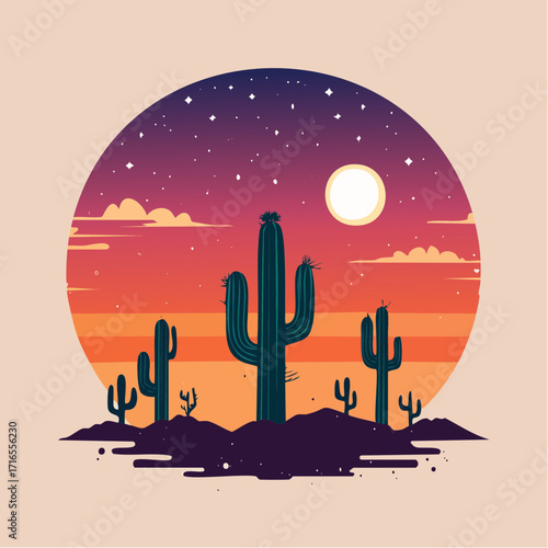 Vibrant desert sunset illustration with saguaro cacti under a starry sky and a full moon, evoking a serene nocturnal landscape