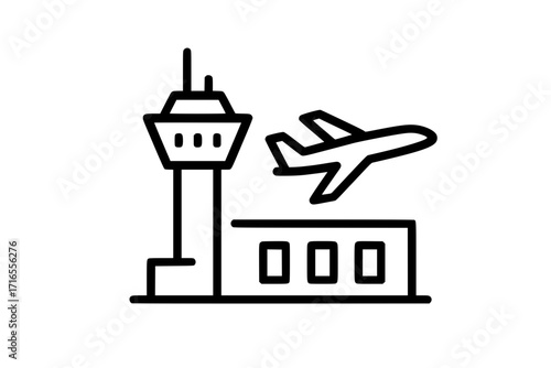 Airport scene with control tower and taking off airplane outline icon
