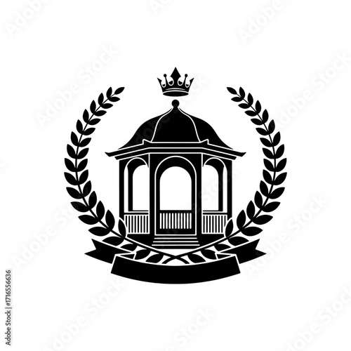 Vintage Octagonal Gazebo Pavilion Badge with Crown Laurel Wreath Vector Emblem for T Shirt Printing