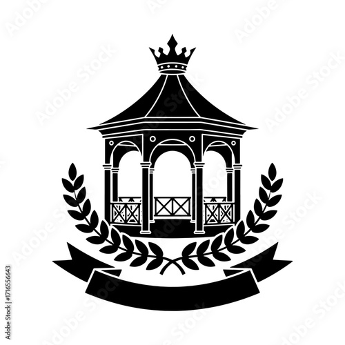 Royal Gazebo Pavilion Crest with Crown Laurel Wreath Vector Emblem for T Shirt Printing Design