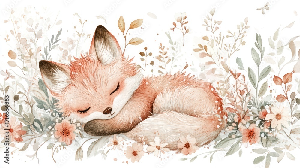 Obraz premium Cute fox sleeping in flowers