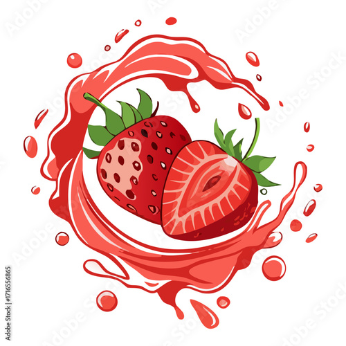 Juicy Strawberry with Slices and Splash Effect Illustration