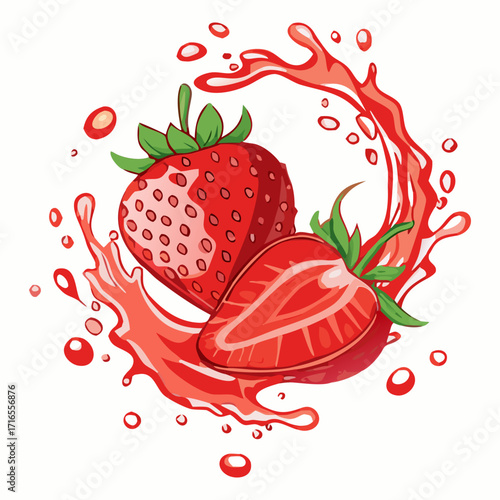 Juicy Strawberry with Slices and Splash Effect Illustration