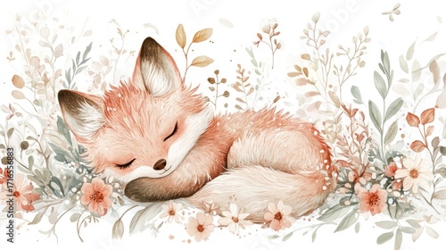 Cute fox sleeping in flowers