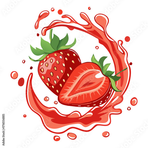 Juicy Strawberry with Slices and Splash Effect Illustration