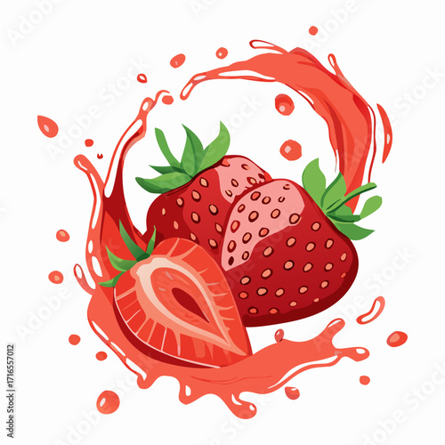 Juicy Strawberry with Slices and Splash Effect Illustration