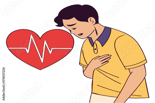 A flat style illustration of a young man holding his chest beside a red heart with a heartbeat line. Perfect for health campaigns, cardiac awareness posters, hospital brochures, wellness blogs, and me