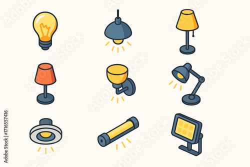 A set of nine icons representing different light sources in a linear graphic style with blue outlines and yellow accents.