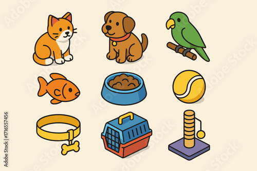 A set of colorful icons in isometric graphics style related to pets. The style is bright and friendly, ideal for pet care themes.