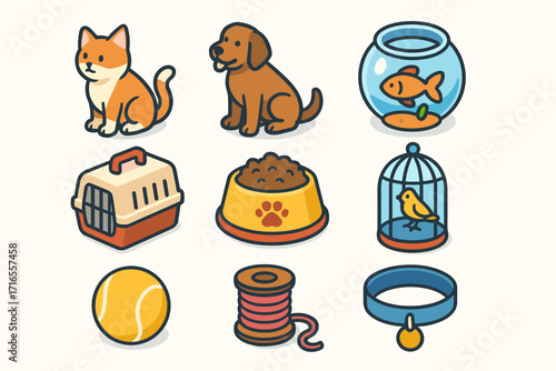 A set of colorful icons in isometric graphics style related to pets. The style is bright and friendly, ideal for pet care themes.