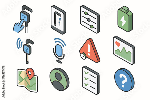 A set of colorful icons in isometric graphics style related to technology and smart devices. The style is modern and minimalistic, ideal for gadgets and smart home themes.